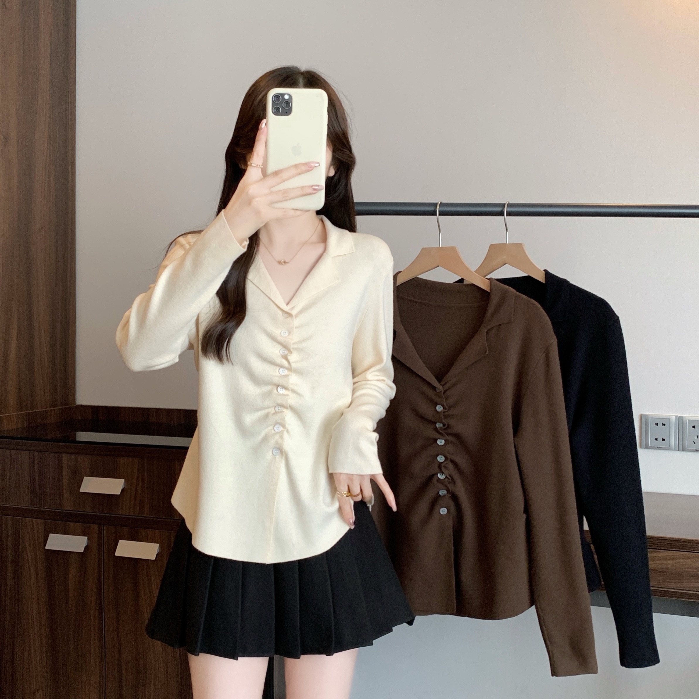 长大码女装V领褶皱正肩长袖针织衫胖妹妹2025秋季显瘦上衣69351