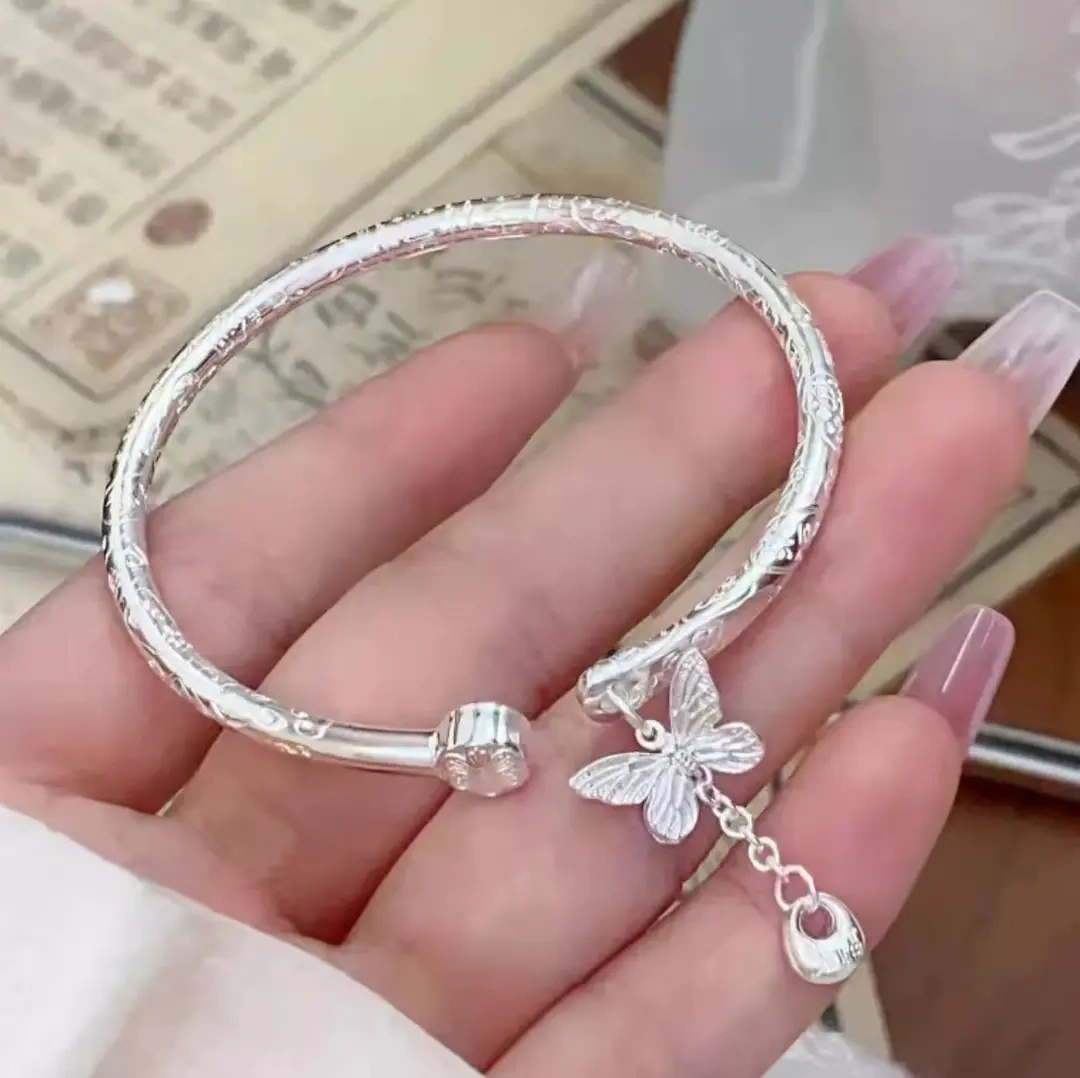 足银手镯 足银9999新中式吉言蝴蝶繁华胖福轻奢浮雕花纹开口手镯
