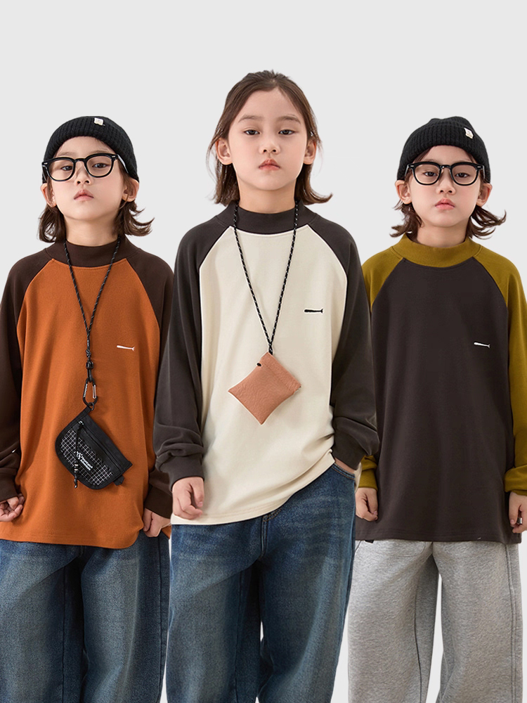 「慕斯暖绒打底」儿童冬季半高领加厚插肩撞色刺绣保暖上衣