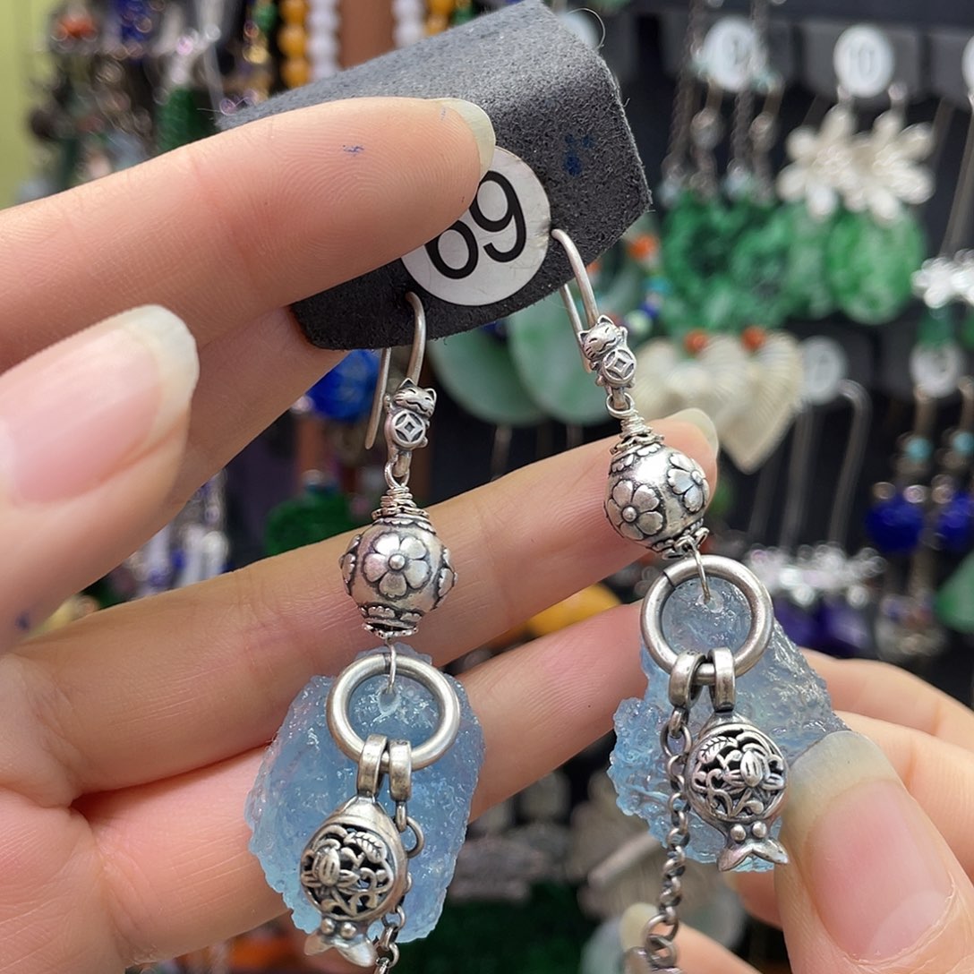 红***茶耳坠银S925镶嵌海蓝宝石767jnggj