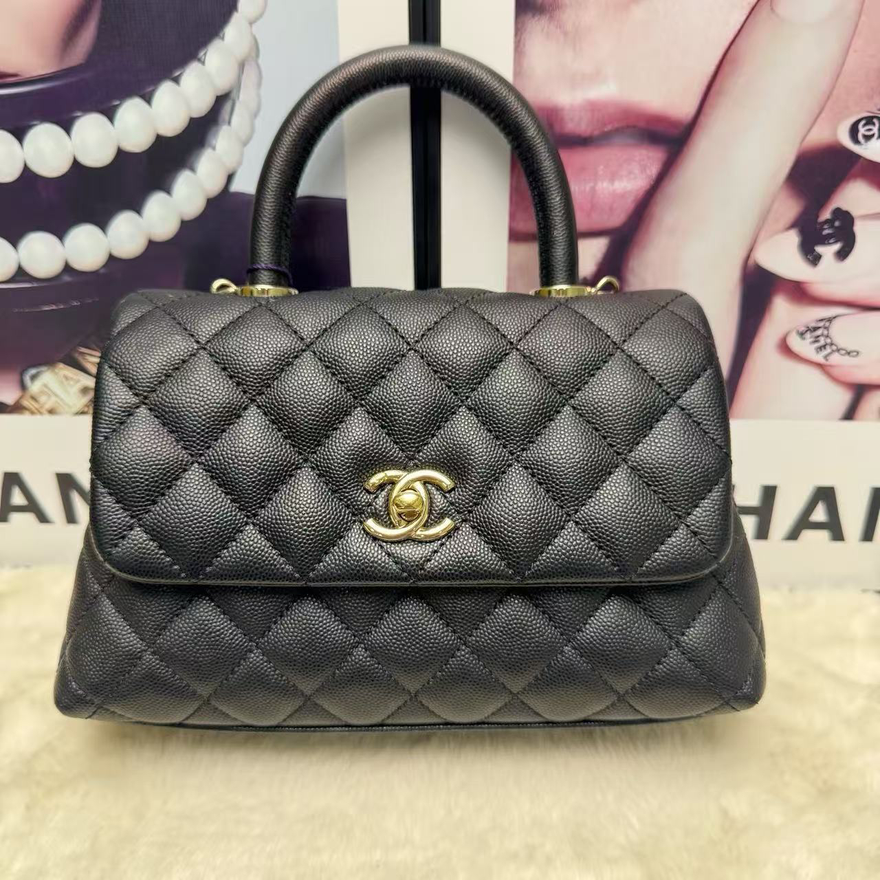 99新 Chanel/香奈儿 黑金荔枝牛coco handle小号