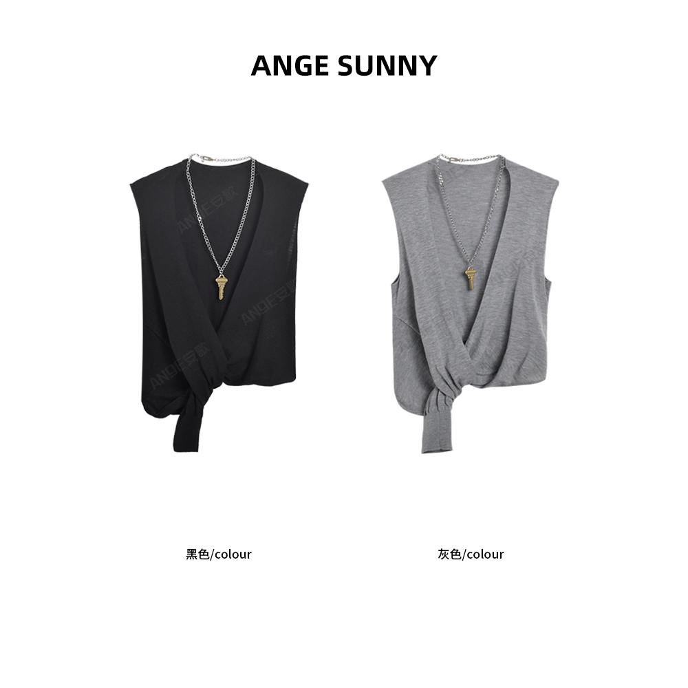 ANGE SUNNY【a*w钥匙链条背心】V领系带无袖独特设计时尚背心休闲