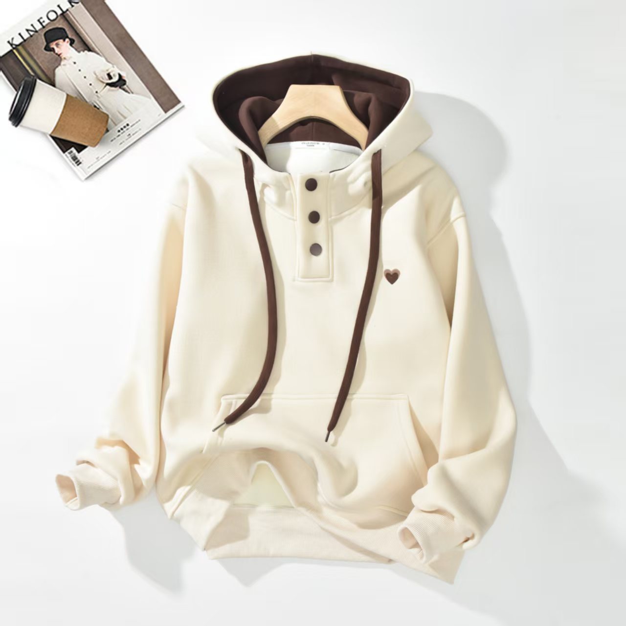 冬季加绒爱心刺绣连帽卫衣新款韩版减龄百搭宽松显瘦洋气上衣 351