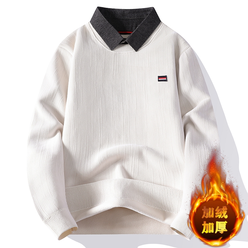 一体绒男士冬季加绒加厚保暖针织衫假两件时尚休闲男装潮流打底衫