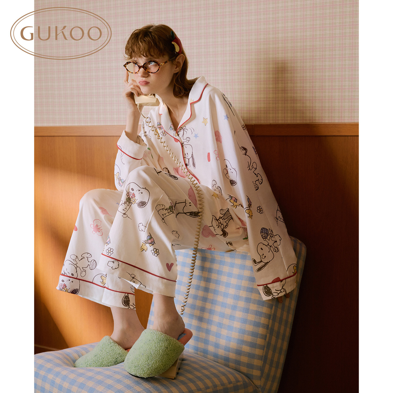 Gukoo/果壳睡衣女春夏史努比联名新款可爱纯棉女士居家服套装A