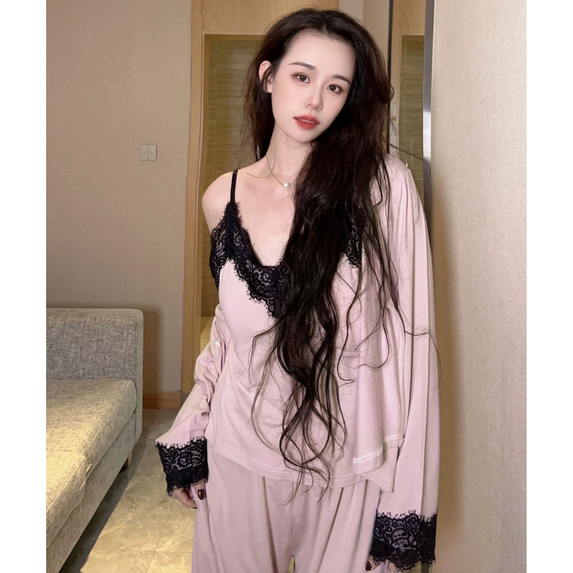 (带胸垫)三件套睡衣女春秋冬长袖长裤蕾丝性感纯欲法式家居服套装