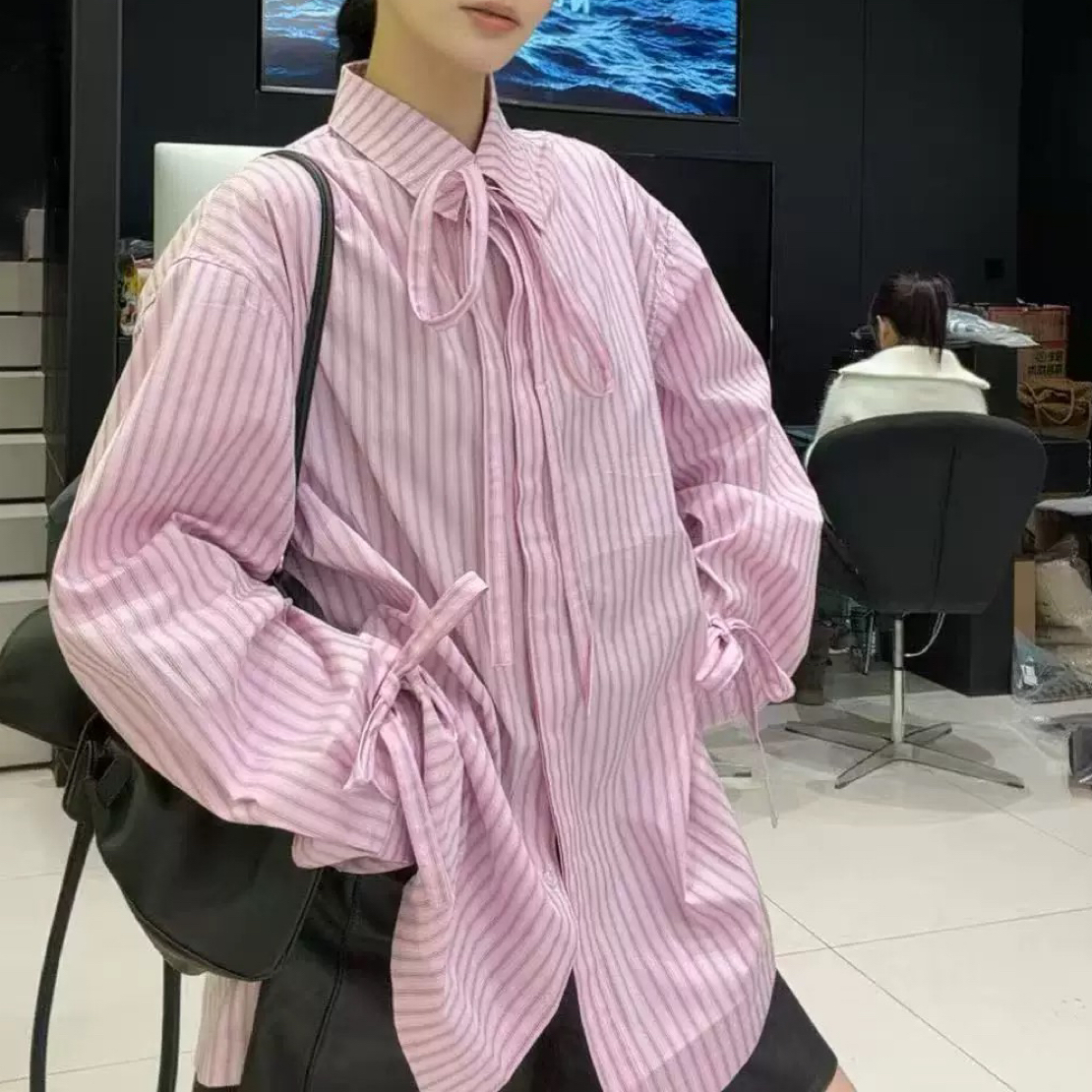 欧货小众条纹拼色绑带蝴蝶结长袖衬衫中长款洋气上衣2026早春新款