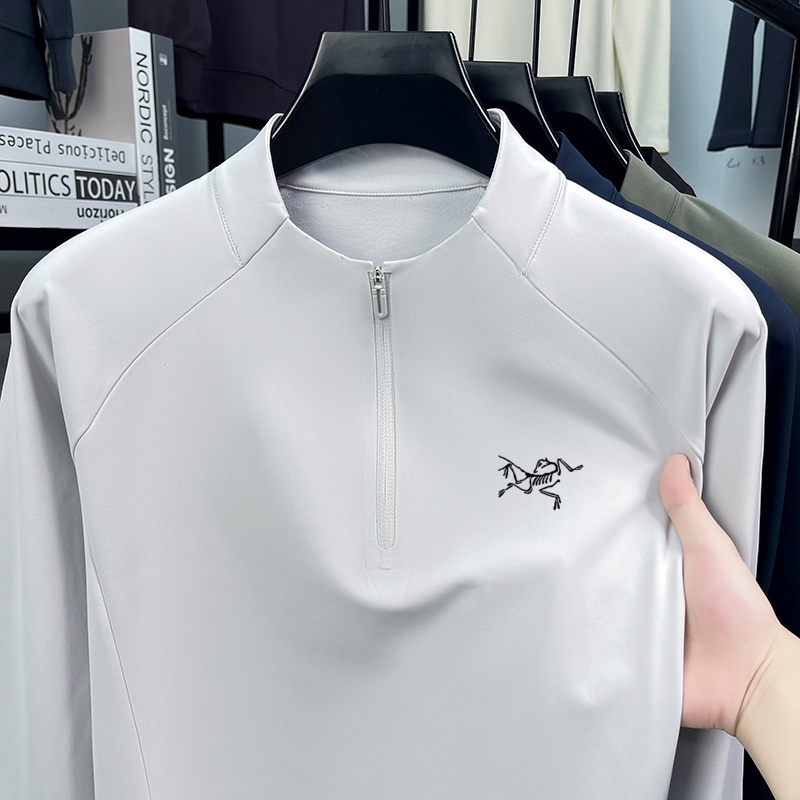 刺绣鸟长袖免烫秋季薄款商务休闲Polo衫立领翻领商务