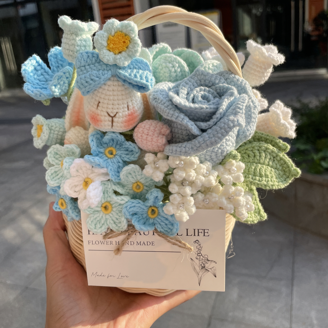 韩系纯手工钩织蓝色系垂耳兔花束仙女花篮女生生日新婚礼物