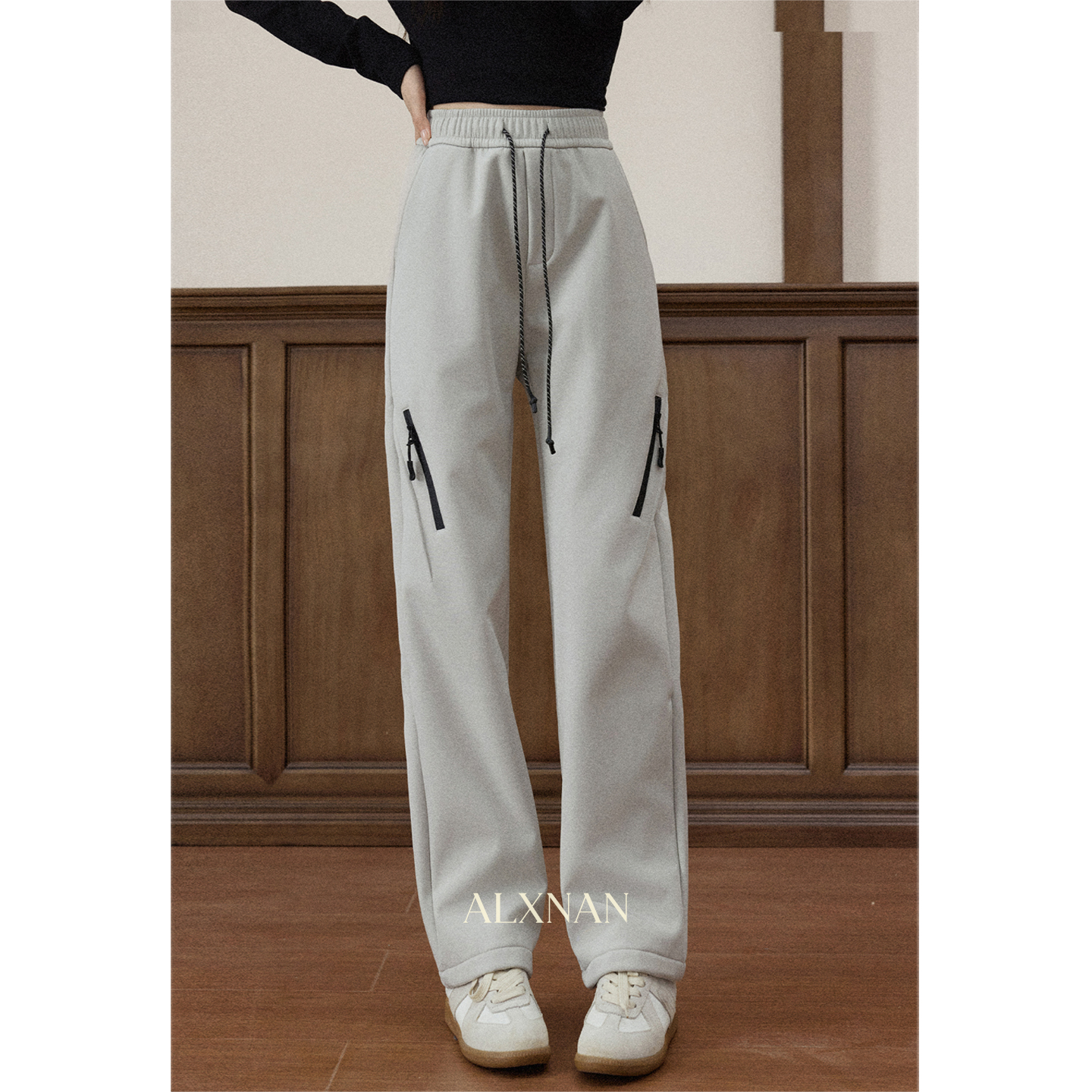 现货【品牌撤柜款ZB】灰色直筒休闲裤女冬季显瘦高腰长裤LXNJ1254