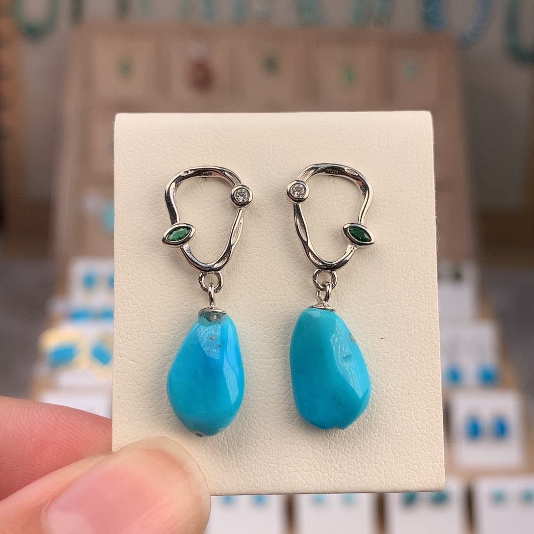绿松石银S925镶嵌耳饰