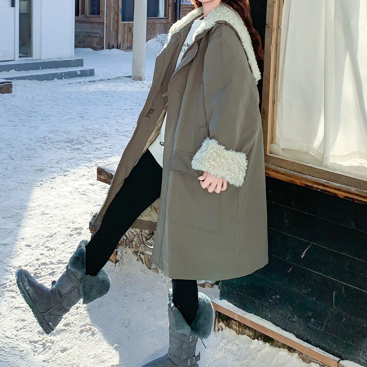 【WFH】Y8102 羊羔毛连帽中长款派克羽绒外套