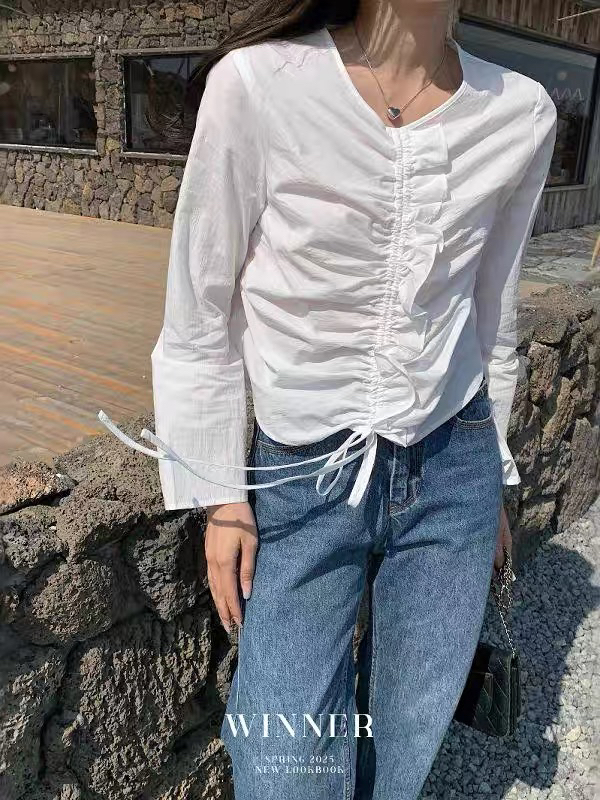 法式温柔风褶皱抽绳长袖衬衫绝美上衣