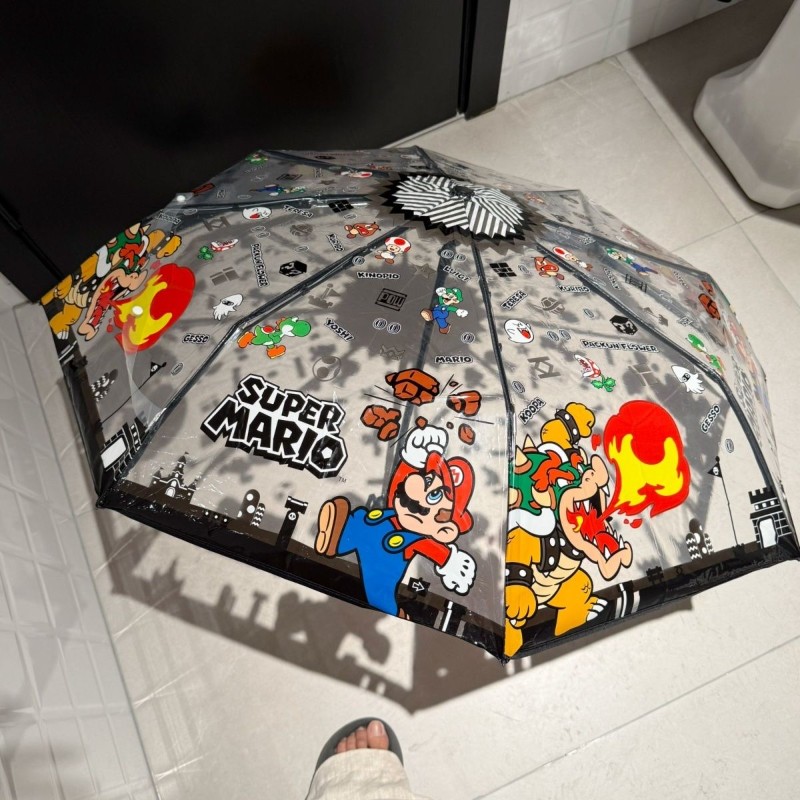 卡通马里奥透明雨伞手动自动三折直柄伞便携折叠超级玛丽周边雨伞