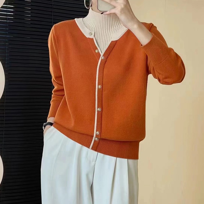 秋冬新款半高领撞色打底毛衣韩系大码微胖宽松休闲套头百搭针织衫