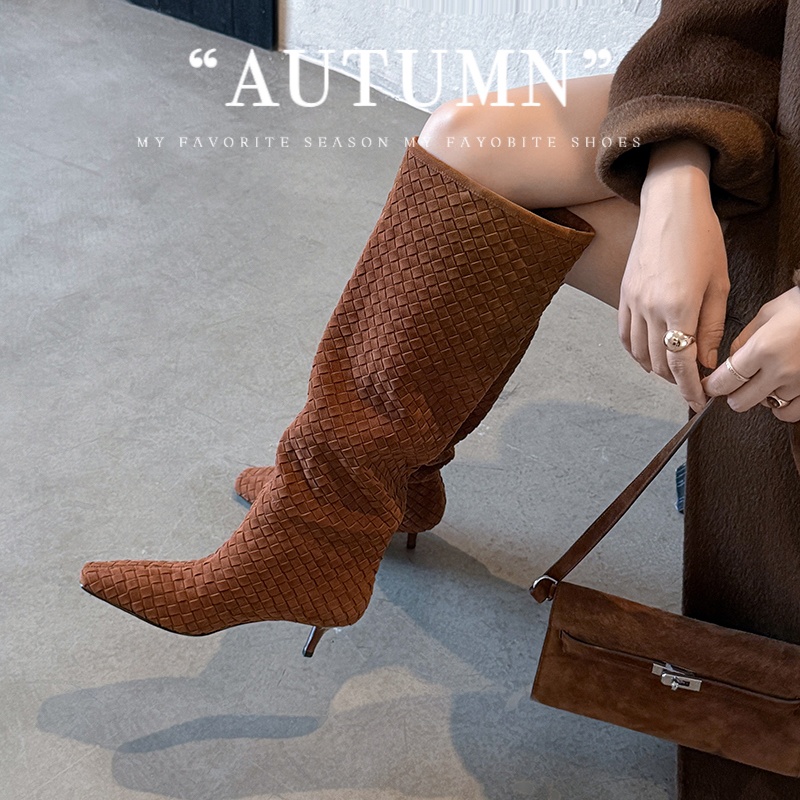 34-39码/跟高5cm/黑杏棕/编织时装靴冬季细跟时装靴时装靴高筒