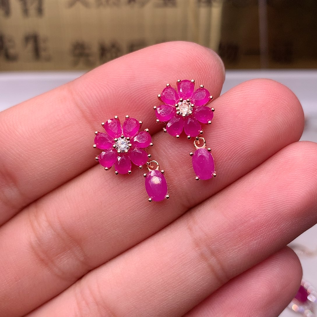 红宝石耳饰银S925镶嵌