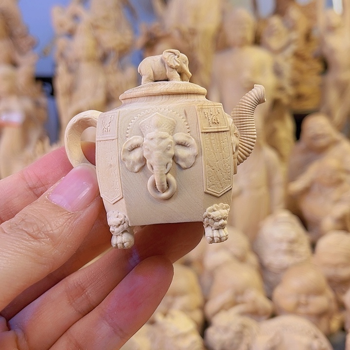 木开**好小叶黄杨木象把把壶手把件通货