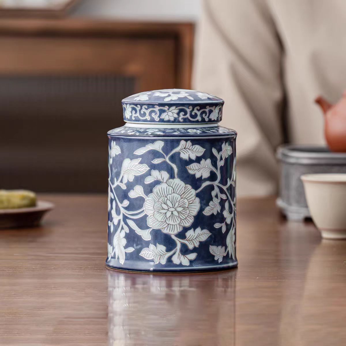 SD中式缠枝莲茶叶罐精品高档通用陶瓷储存罐茶罐密G       4227