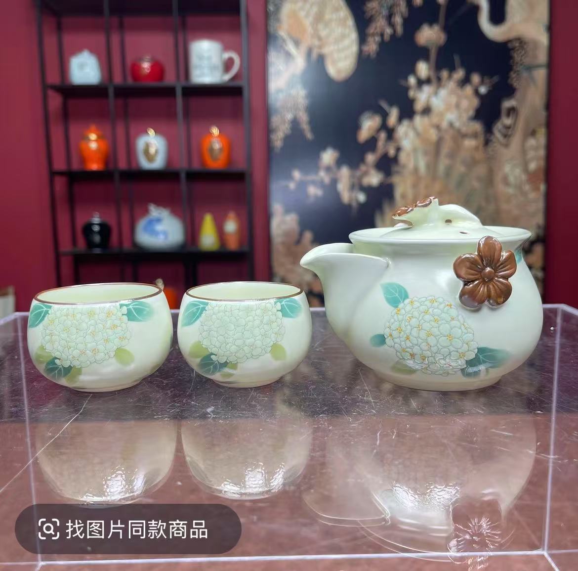 绣球花手捏+两杯+长茶盘