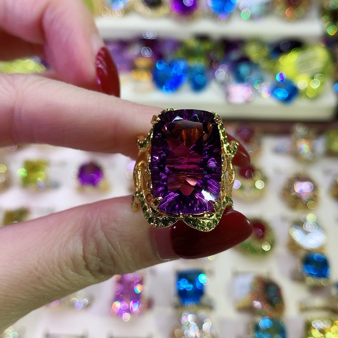 紫晶戒指银S925镀金镶嵌