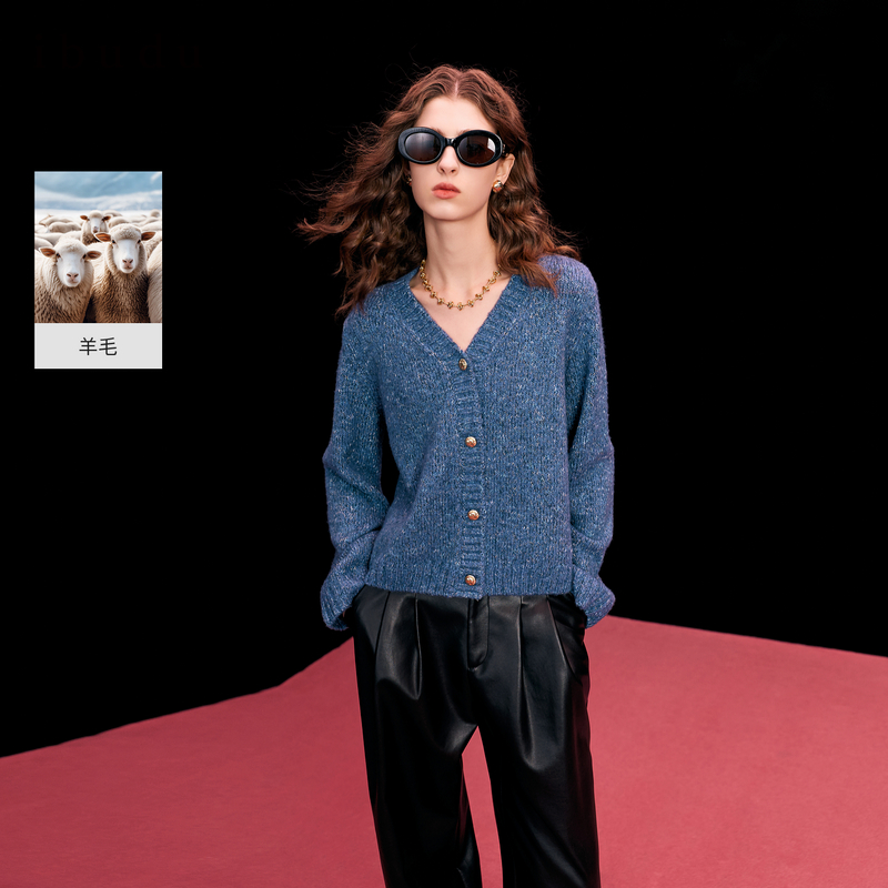 三彩ibudu2026春季新款V领针织衫毛衫外套开衫休闲长袖上衣女