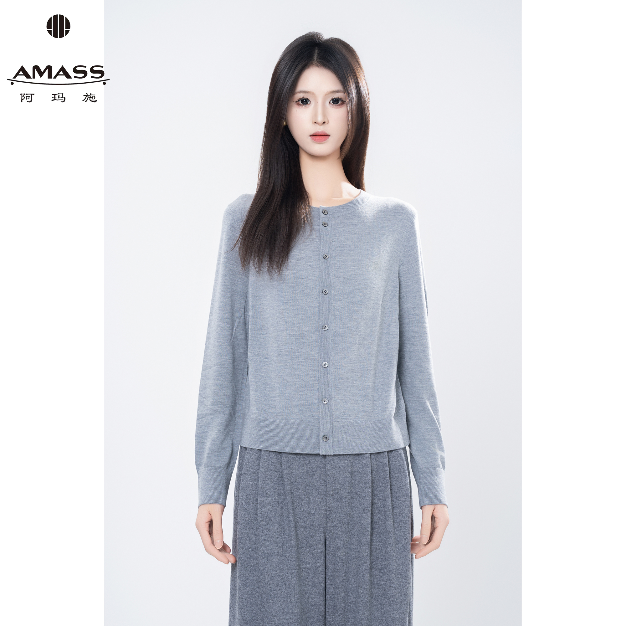 AMASS/阿玛施秋季新款单排扣质感百搭复古简约圆领针织开衫548067