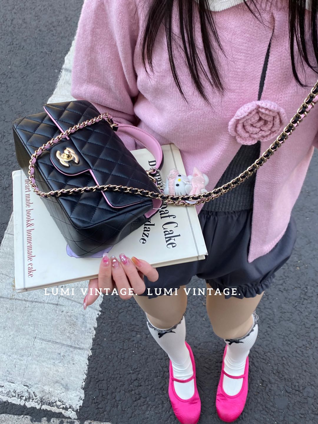 95新 Chanel/香奈儿 黑粉羊皮手柄大mini 85103537