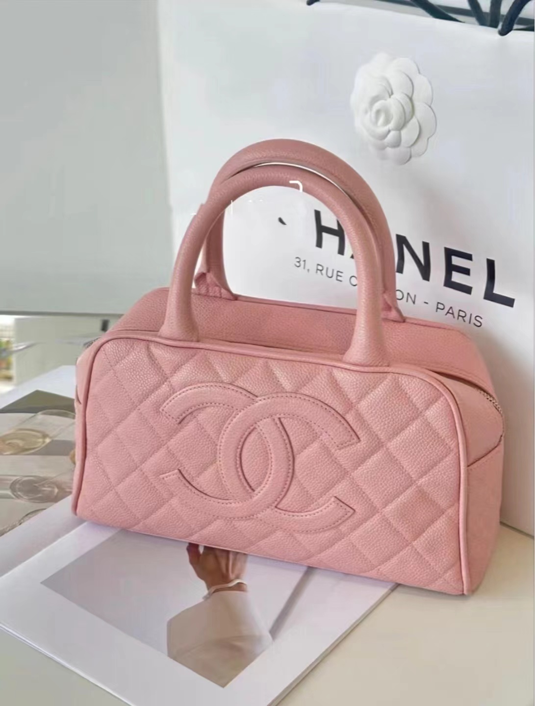 95新 Chanel/香奈儿 粉色鱼子酱保龄球包 27cm 18254493