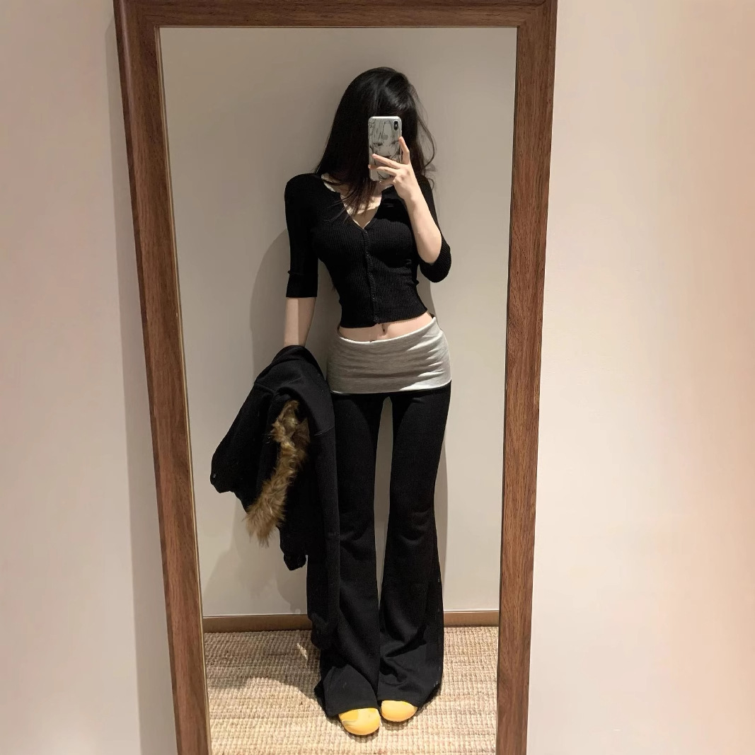 美式辣妹低腰微喇叭休闲裤女秋冬加绒加厚修身显瘦瑜伽运动长裤-