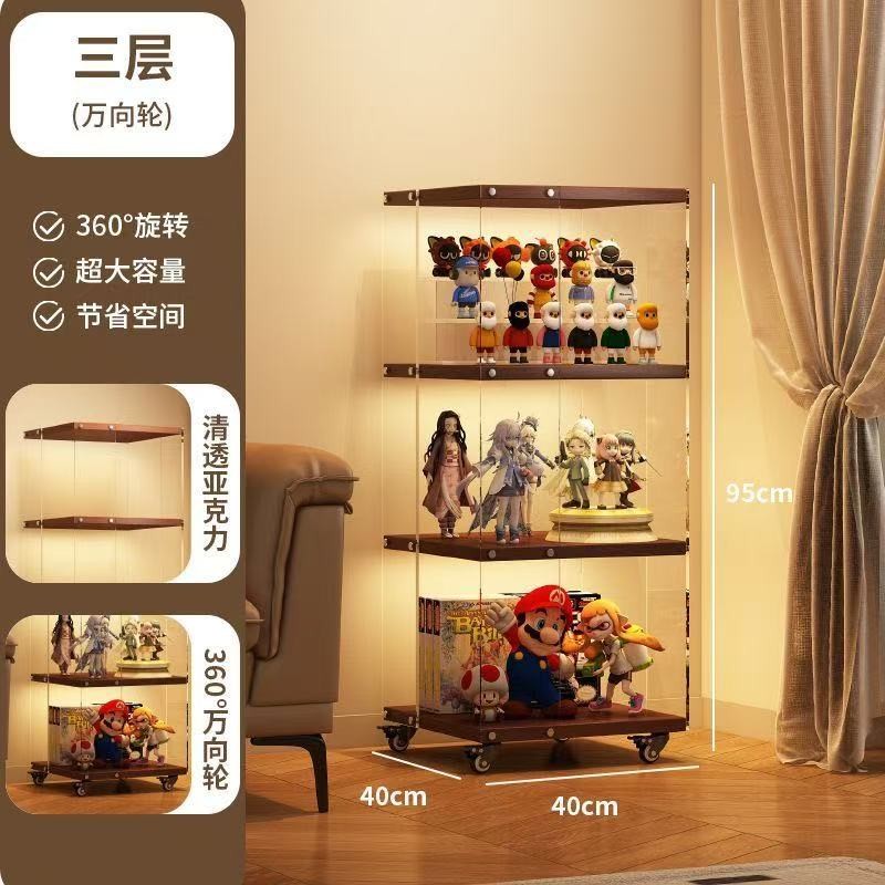 亚克力旋转落地置物架一体靠墙移动手办展示转角书架万向轮808