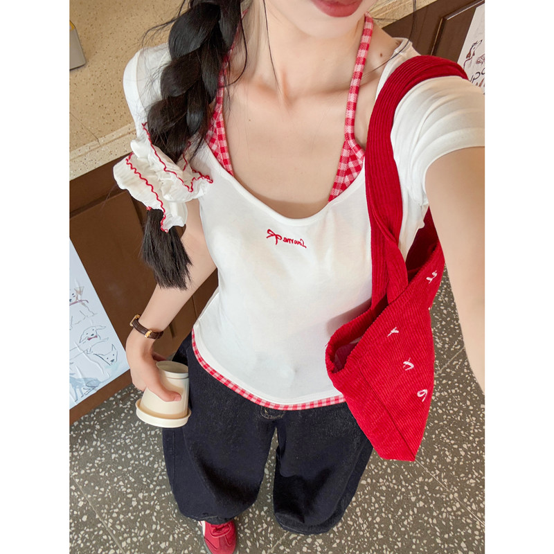 设计感不规则运动纯纯欲动~2025抽绳新款挂脖系带正肩t恤女拼接假