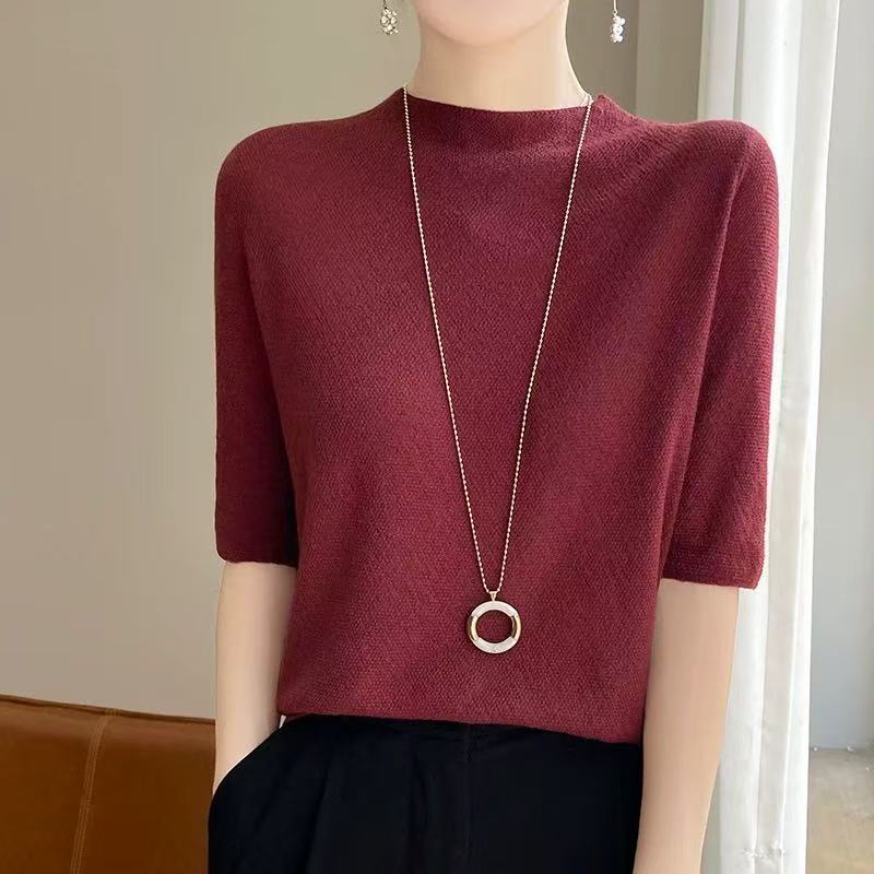 丽丽家~中袖红显瘦百搭夏季半袖薄款宽松圆领上衣