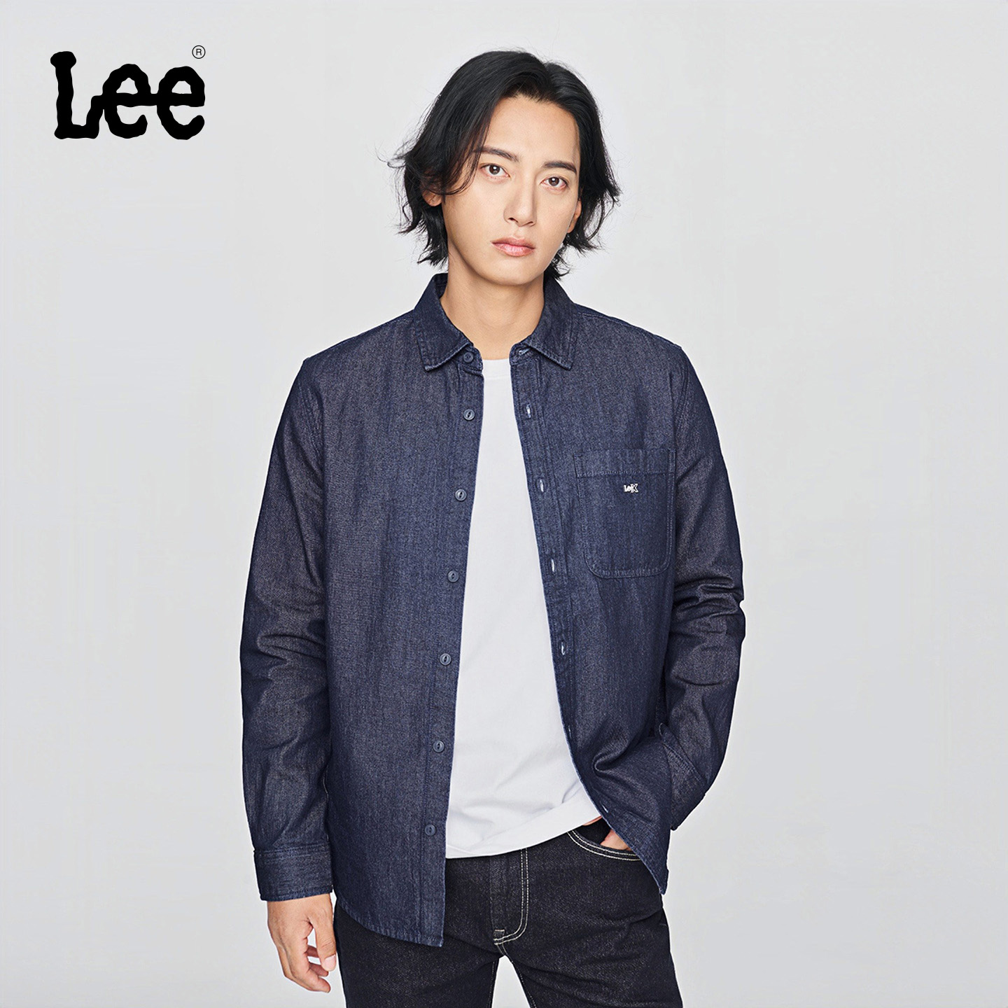 Lee25早秋标准版翻领小Logo男长袖复古牛仔衬衫LMT0108076DE