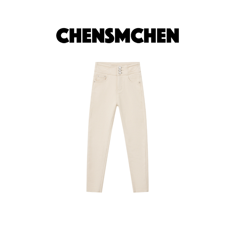 CHENSMCHEN【本命战裤】高腰高弹力修身加绒米白色牛仔裤CSN11944WL