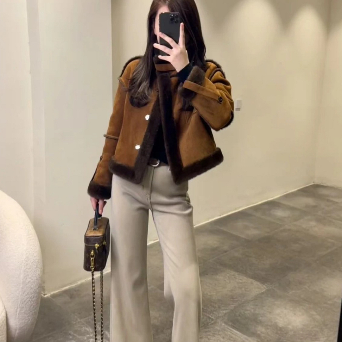 美拉德咖色加厚绒短款外套女秋冬2026新款韩系9265