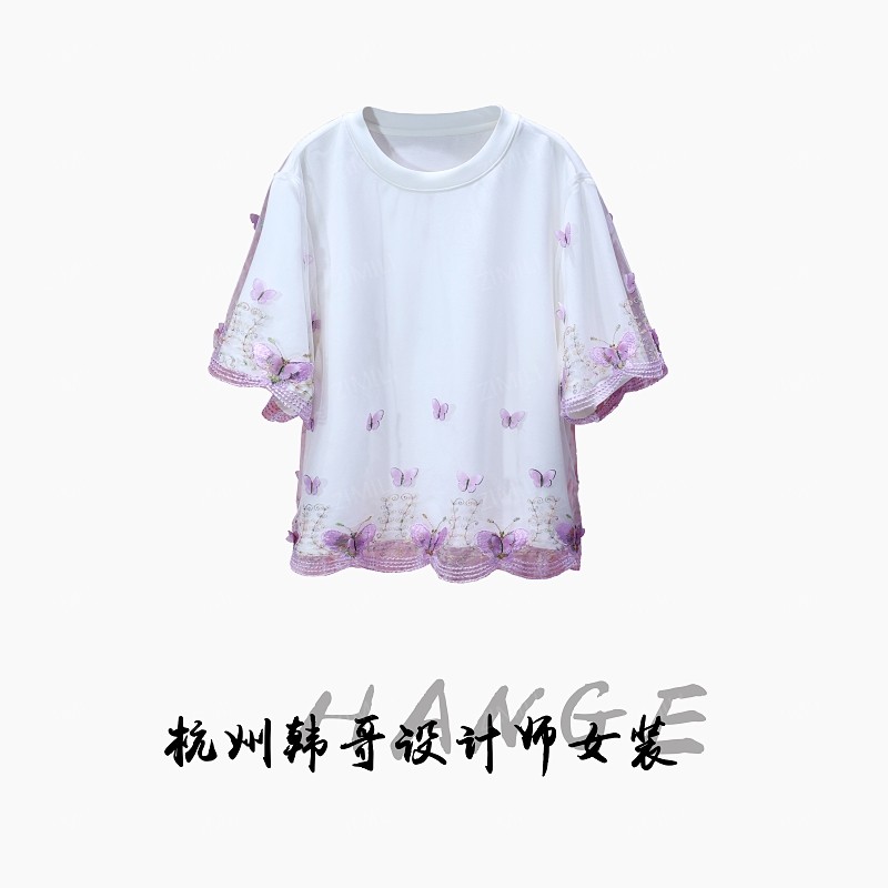 【韩哥女装】2025欧版设计师月光白拼接网纱刺绣休闲短袖9396-C5
