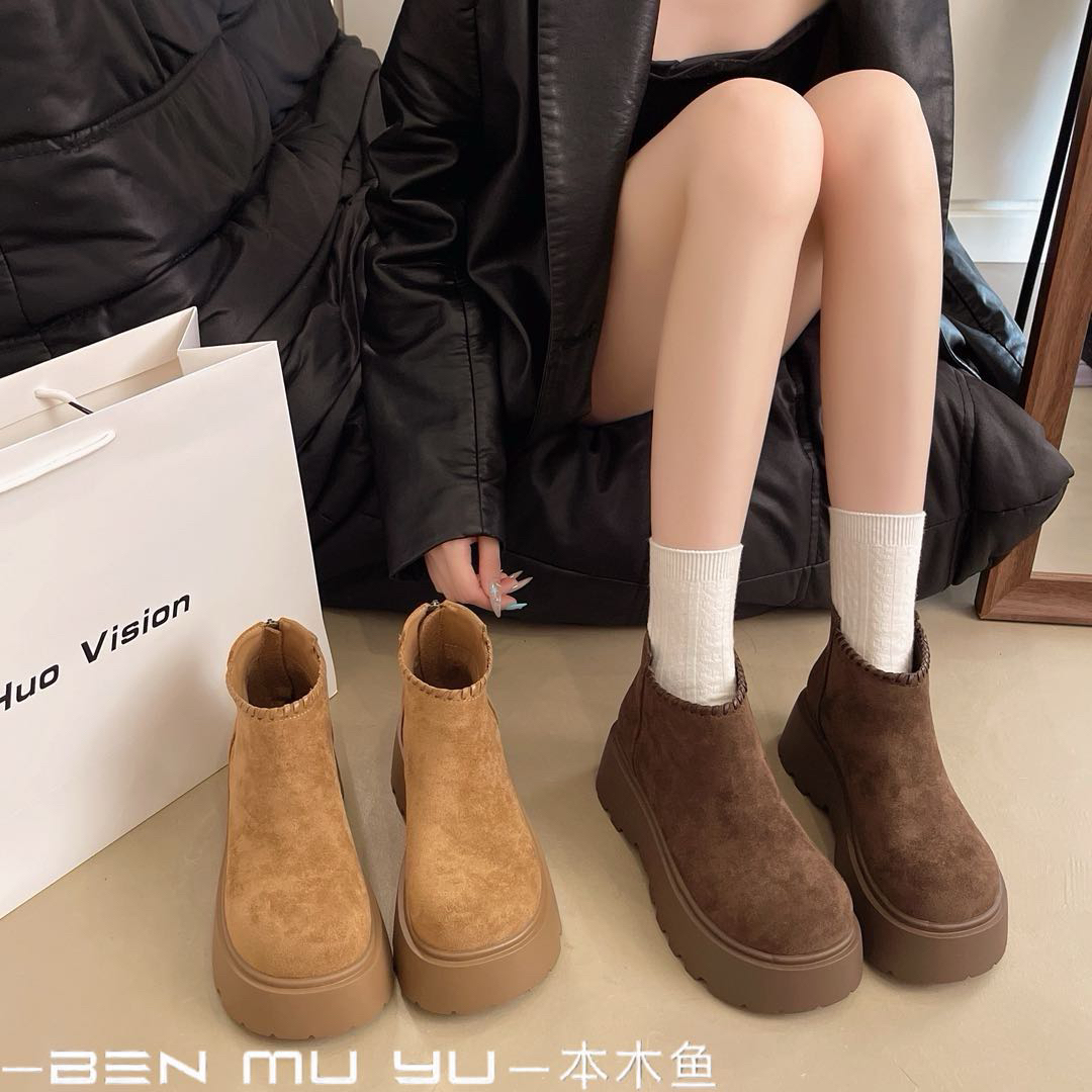 【韩衣舍】8094秋冬英伦风马丁靴女短筒厚底后拉链防滑百搭复古女靴