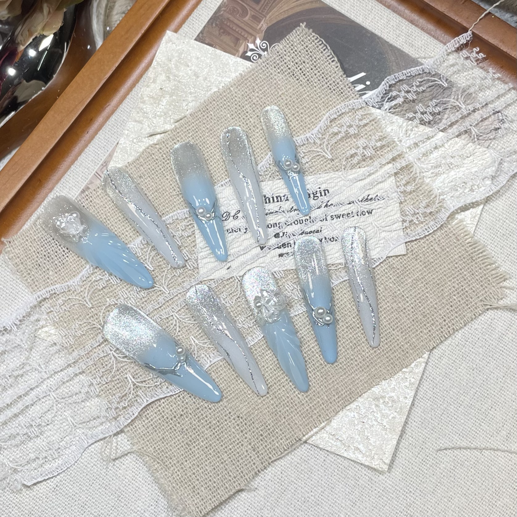 【蓝色海洋】轻奢长款气质猫眼显白手工美甲穿戴甲