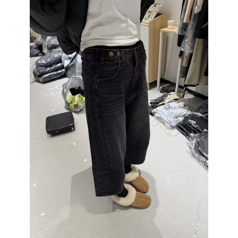 东大门IT调节腰炭黑八分牛仔裤