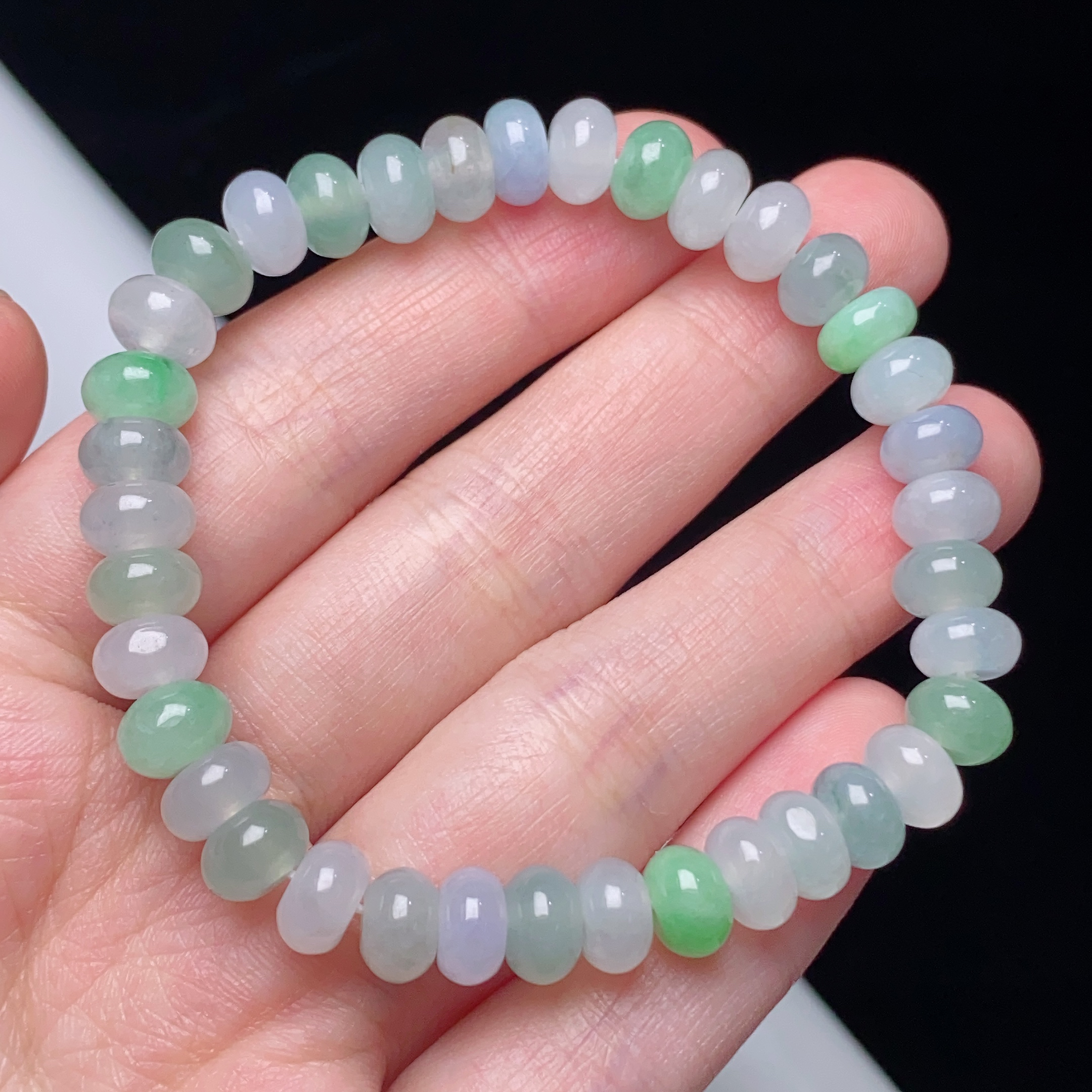 缅甸天然翡翠A货冰种马卡龙鼓珠算盘珠手链卡8mm素圈渐变色冰透