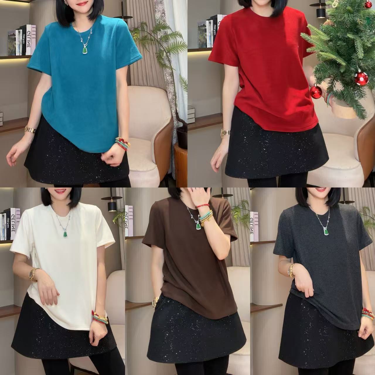 秋冬纯色色彩宽松绒感圆领短袖T恤5-12-7