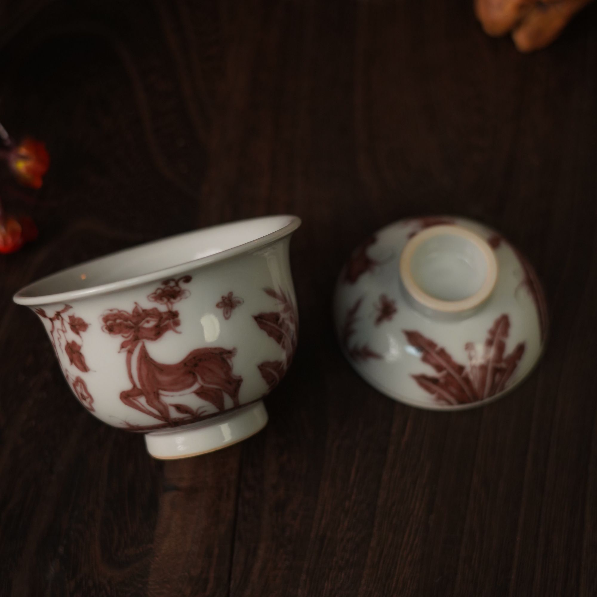 幽蓝溪堂鹿含灵芝小盖碗