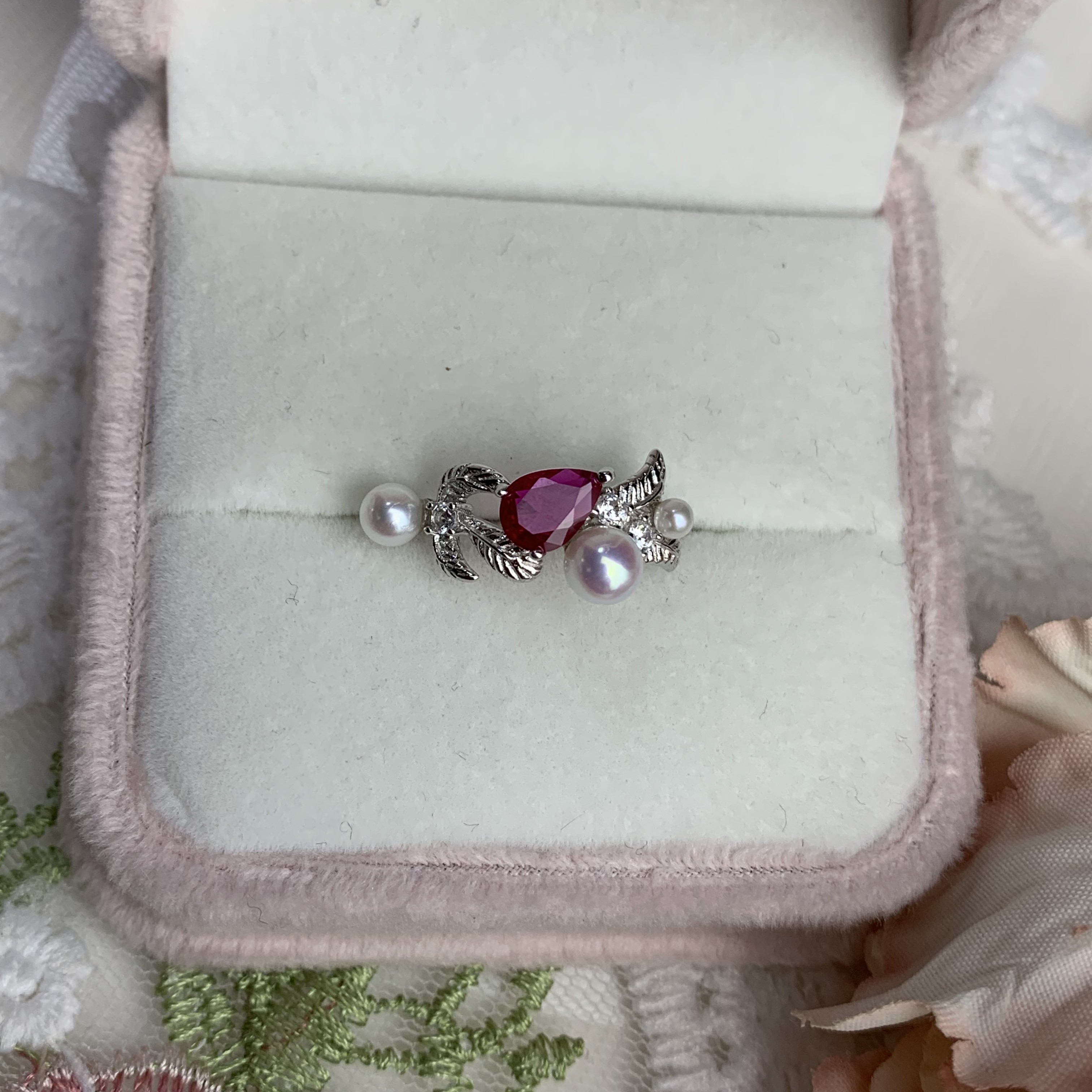 红锆三珠淡水珍珠戒指港风贵气新中式圣诞礼物