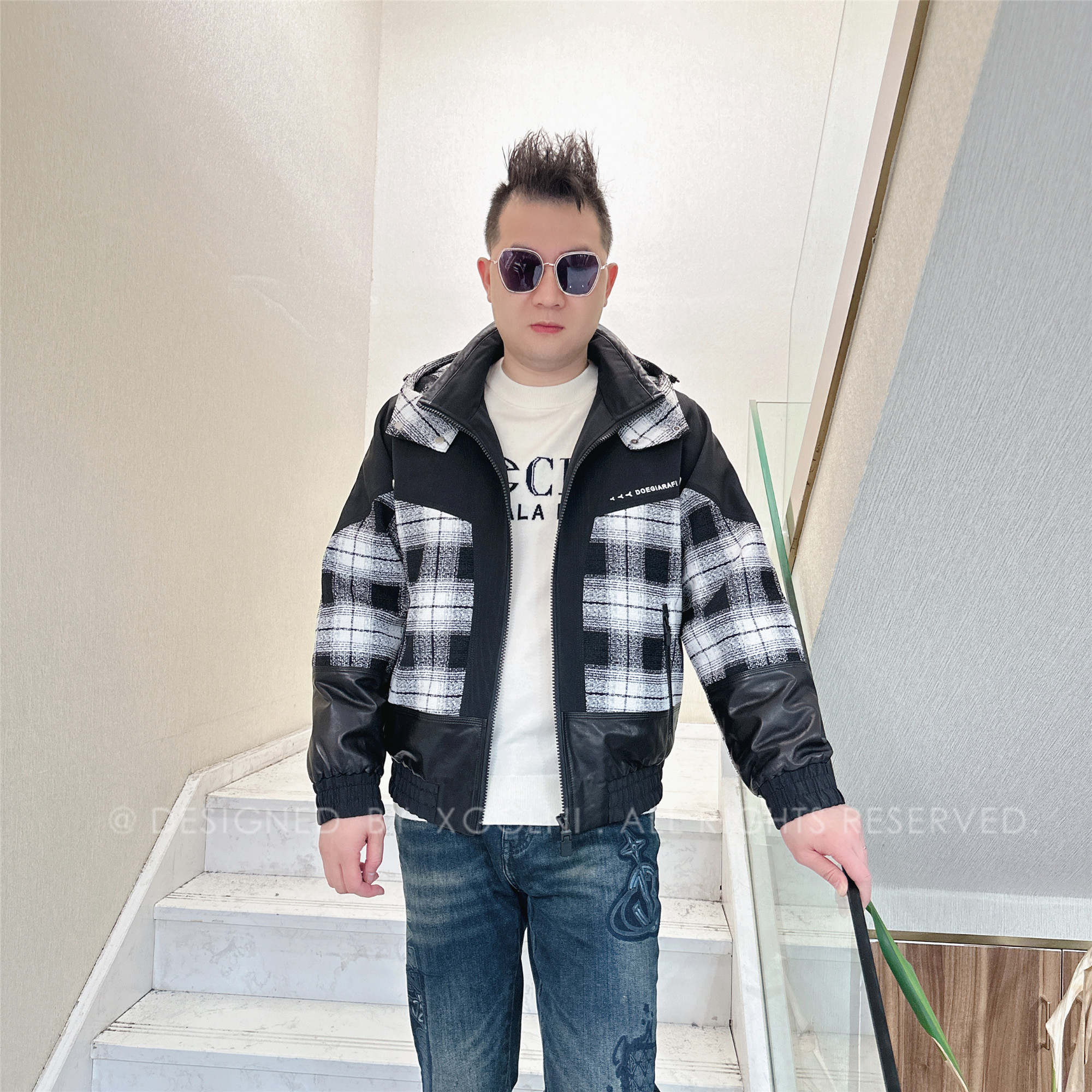 冬季款DOE黑白格子拼接真皮男士高档奢品男款加倍保暖户外羽绒服