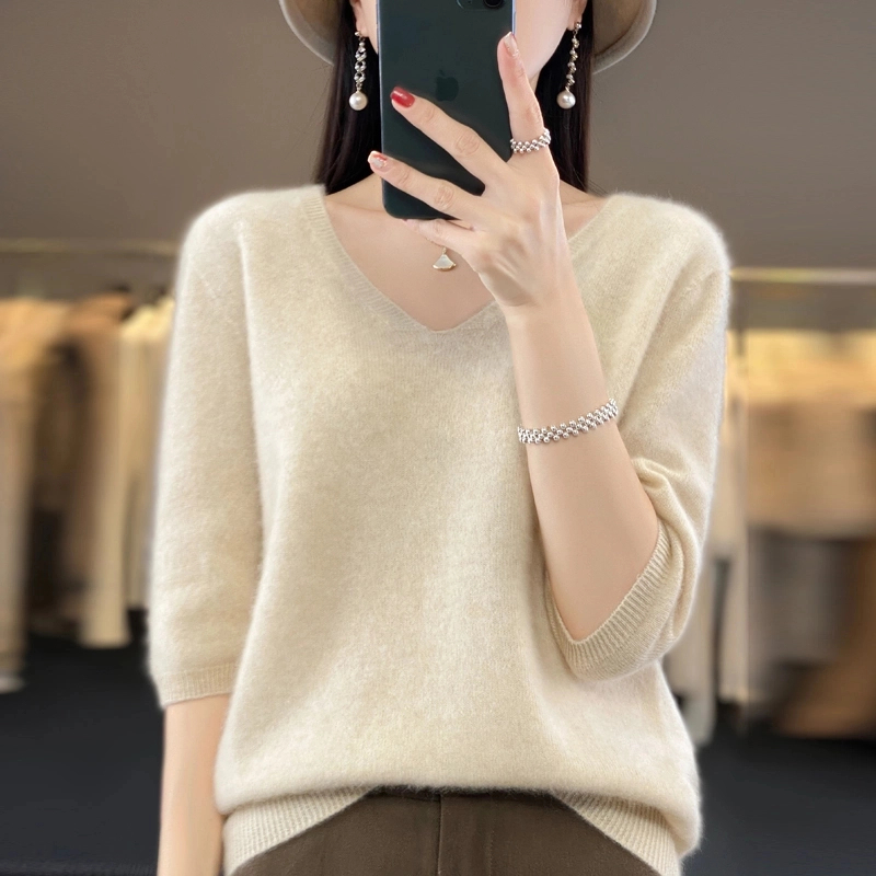 美丽诺100羊毛一线成衣短袖春夏新款女V领针织半袖宽松背心百搭