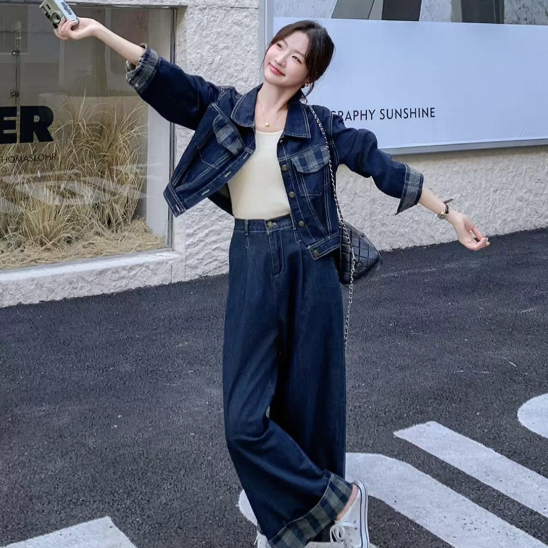 #8206秋季新款减龄松弛感女装牛仔夹克长裤套装