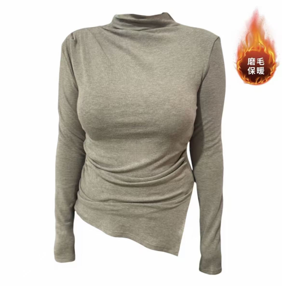 温以家微胖mm高领打底衫秋冬显瘦内搭保暖T恤设计感下摆开叉上衣
