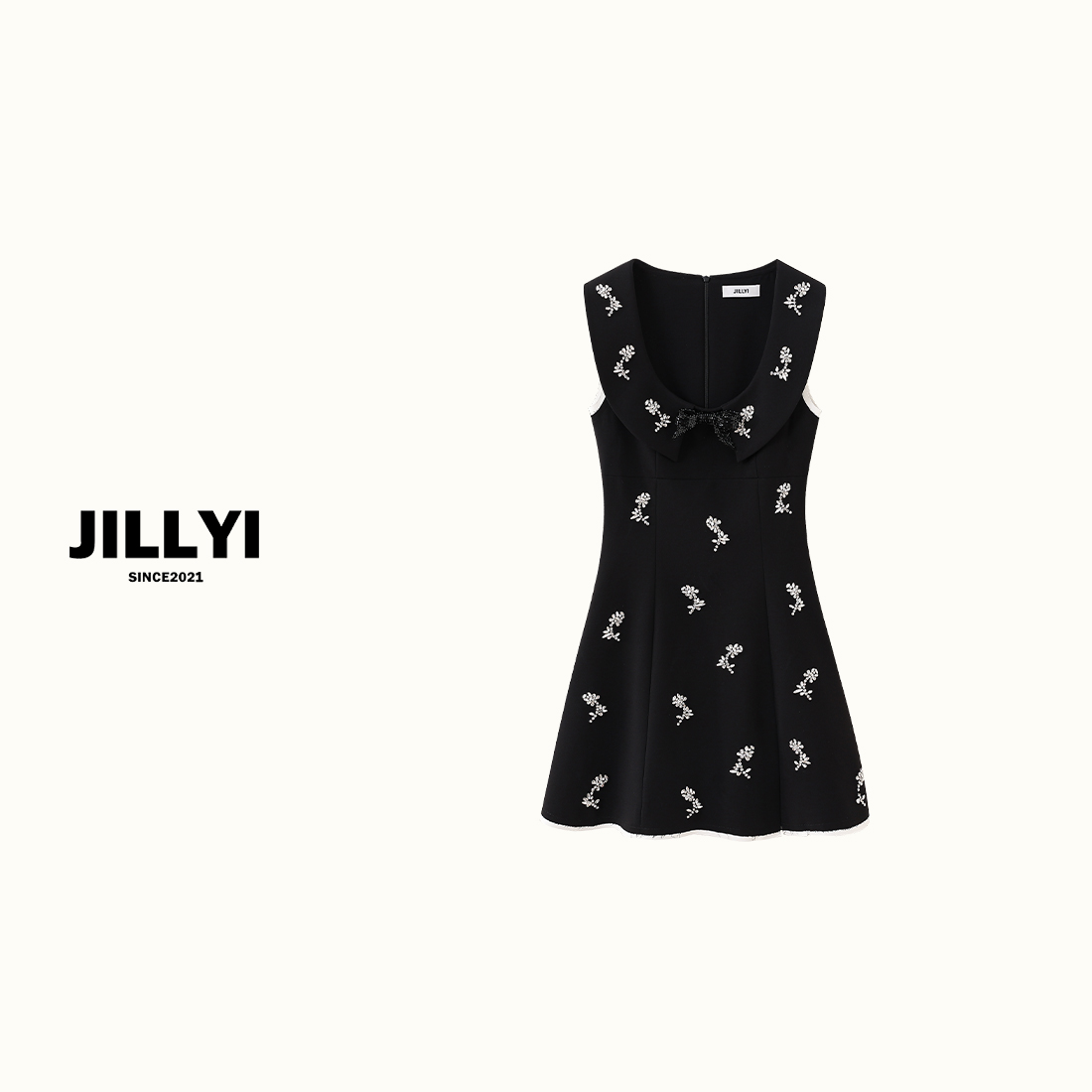 jillyi【钻石冰晶】夏款气质修身显瘦黑色烫钻花朵蝴蝶结无袖连衣裙