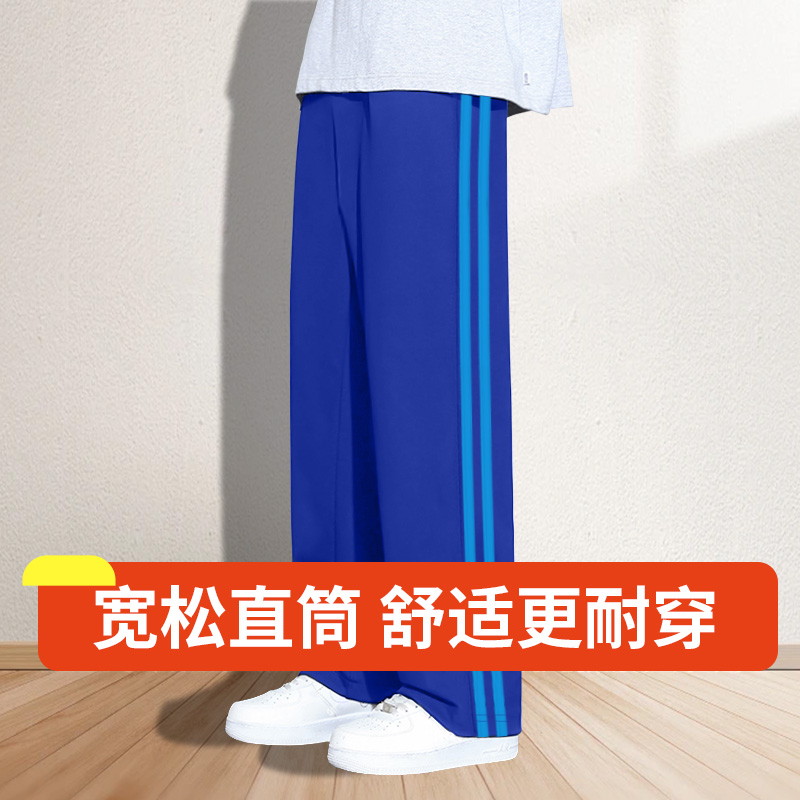 双蓝杠女童男童运动裤儿童春秋小学生校服宝蓝色二条杠直筒休闲裤